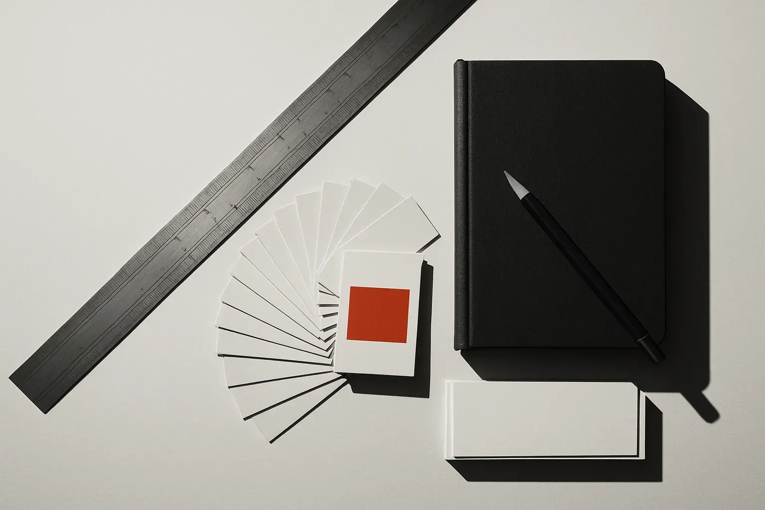 Duotone studio composition of design materials on a desk, in Knox Design Studio's ink-and-paper palette.